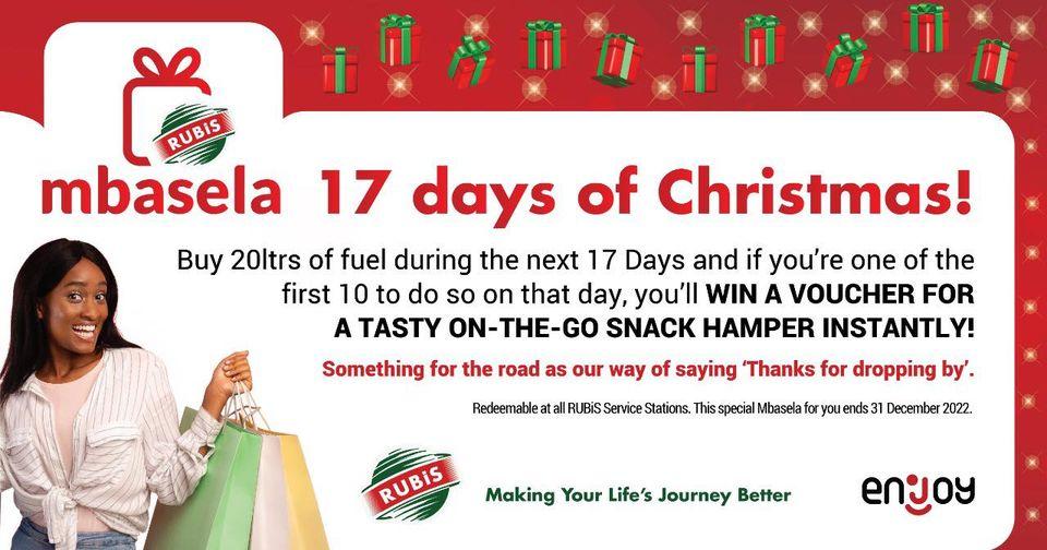 Mbasela With Rubis                                             Buy any 20 litres of fuel during the next 17days and if you are one of the first 10 to do so you will WIN A VOUCHER INSTANTLY…